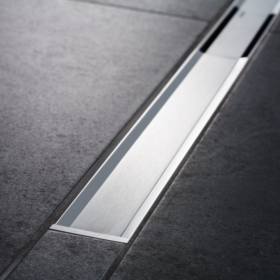 DUKA Caniveau de douche L.120 cm verre noir inox avec siphon 360°, drainage performant SANIVERRE