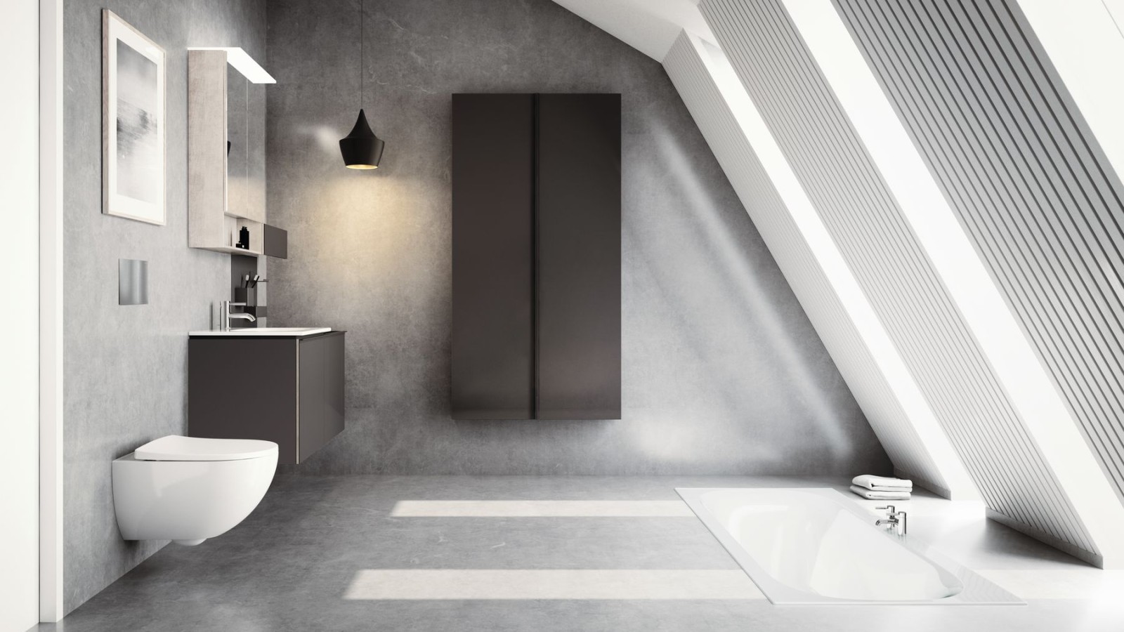 Geberit Acanto-badkamer in een kamer met dakhelling Geberit Acanto-badkamer in een kamer met dakhelling