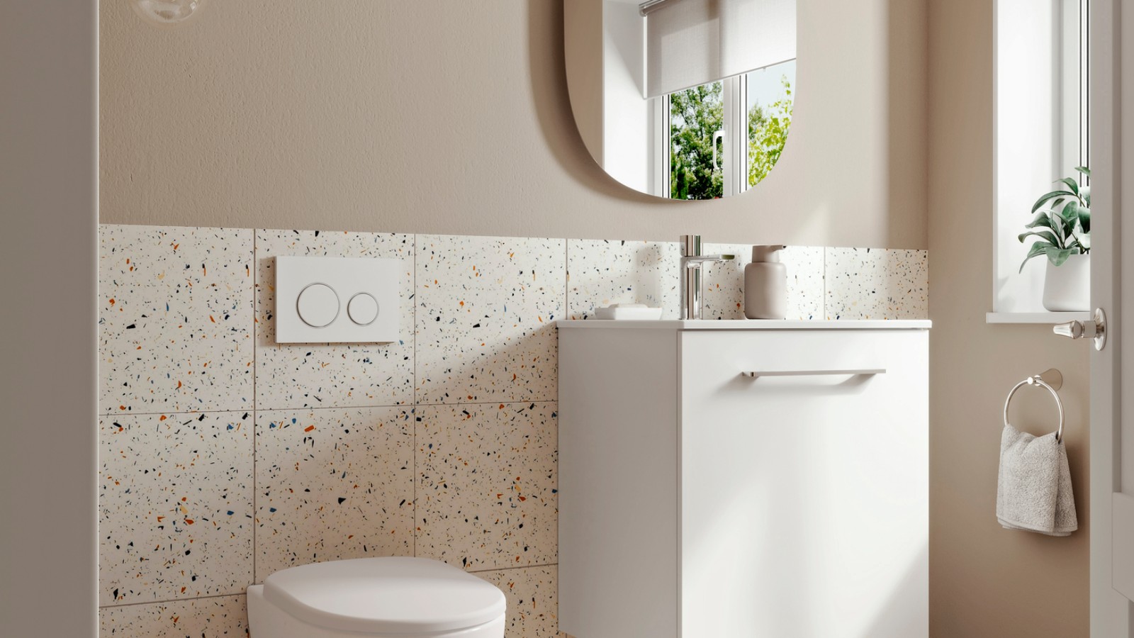 Kleine Geberit Selnova badkamer met hang-wc en wastafel Kleine Geberit Selnova badkamer met hang-wc en wastafel