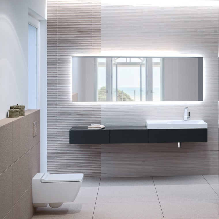 Geberit Xeno² badkamer, rimfree toilet, Sigma70 bedieningsplaat en wastafel Geberit Xeno² badkamer, rimfree toilet, Sigma70 bedieningsplaat en wastafel