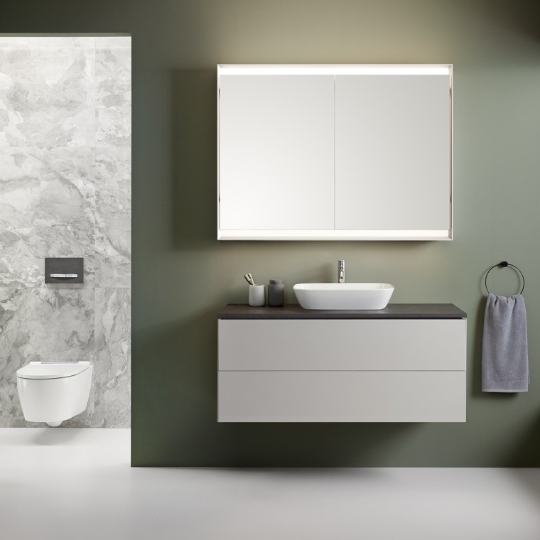 Badkamer met meer ruimte, netheid en flexibiliteit dankzij Geberit One-producten Badkamer met meer ruimte, netheid en flexibiliteit dankzij Geberit One-producten