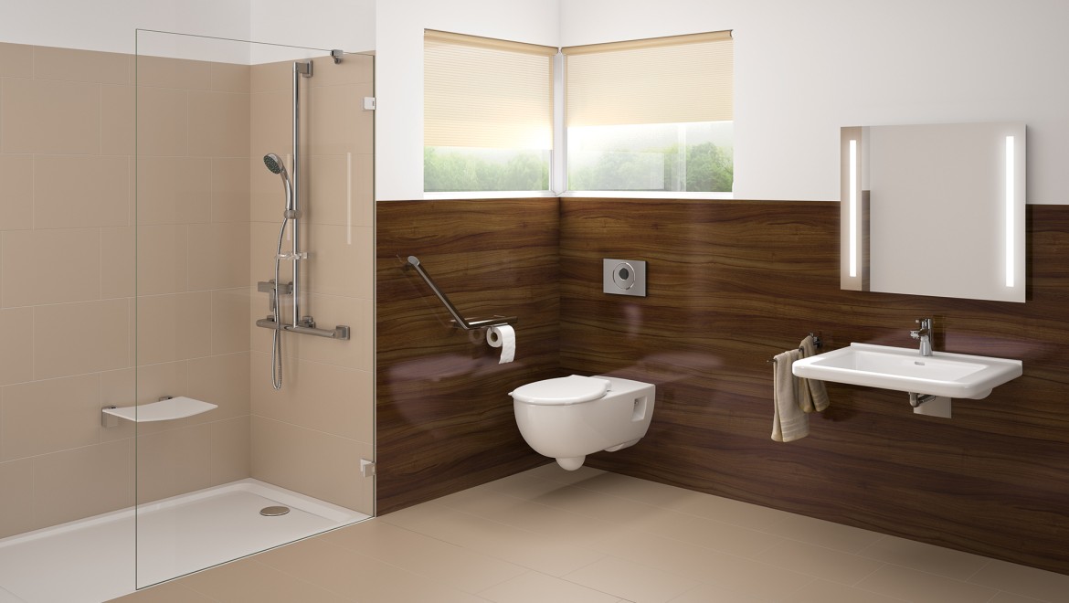 Drempelloze badkamer met wastafel, toilet en gelijkvloerse douche