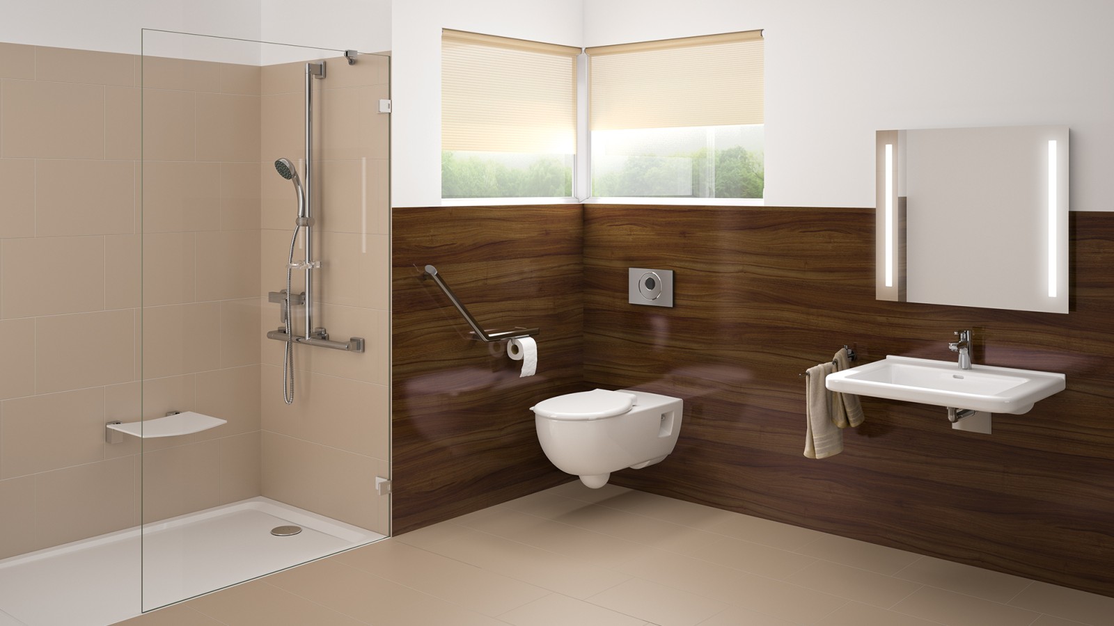 Salle de bains sans barrières avec lavabo, WC et douche au niveau du sol Salle de bains sans barrières avec lavabo, WC et douche au niveau du sol