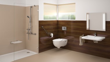 Drempelloze badkamer met wastafel, wc en gelijkvloerse inloopdouche