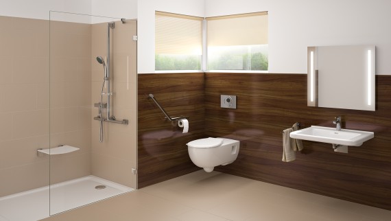 Salle de bains sans barrières avec lavabo, WC et douche au niveau du sol