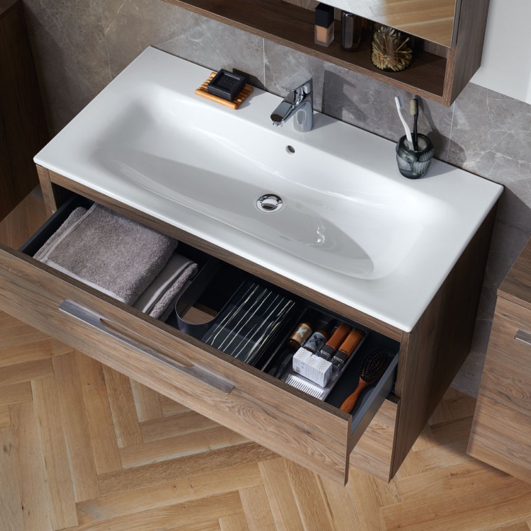 Lavabo Geberit Selnova et sous-meuble ouvert Lavabo Geberit Selnova et sous-meuble ouvert