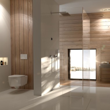 Salle de bains Geberit avec plaques en bois
