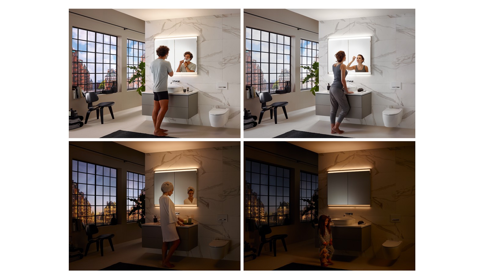 Différentes ambiances lumineuses dans la salle de bains grâce au concept dʼéclairage ComfortLight de Geberit (© Geberit)