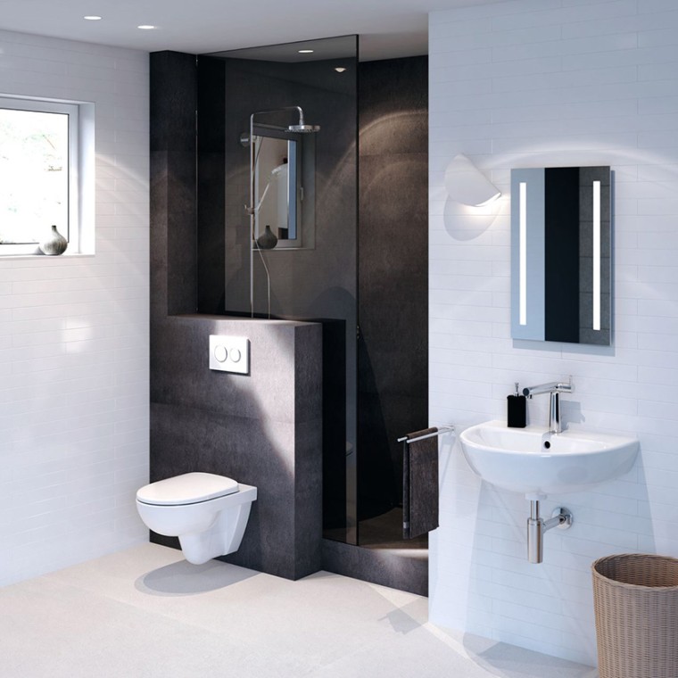 Salle de bains avec WC et lavabo Geberit Selnova et plaque de déclenchement Geberit Sigma21 Salle de bains avec WC et lavabo Geberit Selnova et plaque de déclenchement Geberit Sigma21