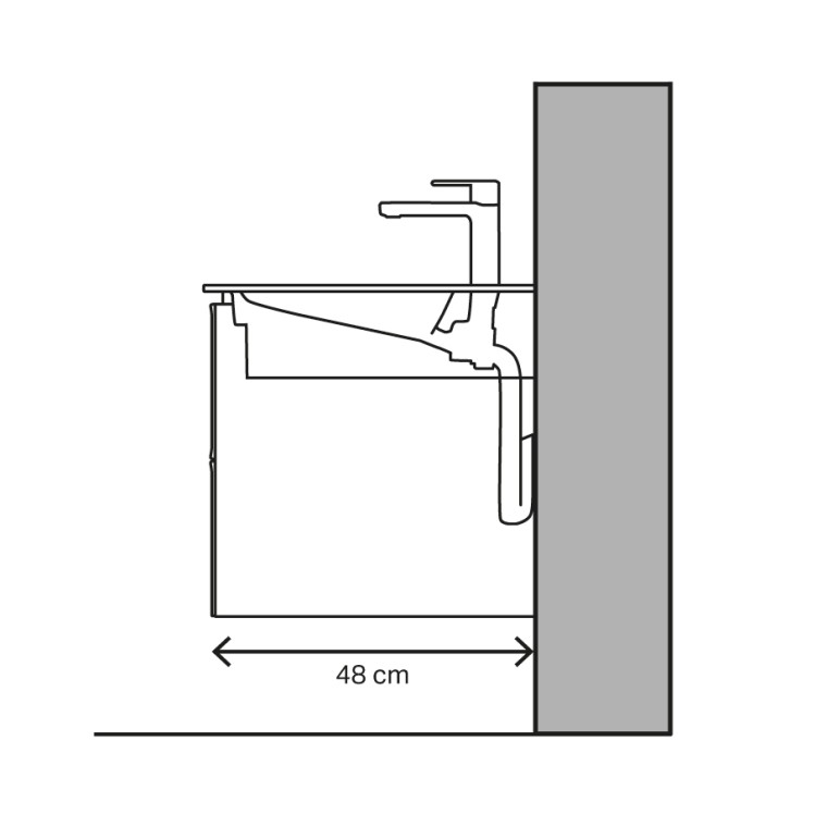 Wastafel afgebeeld met 48 cm projectie en horizontale afvoer Wastafel afgebeeld met 48 cm projectie en horizontale afvoer