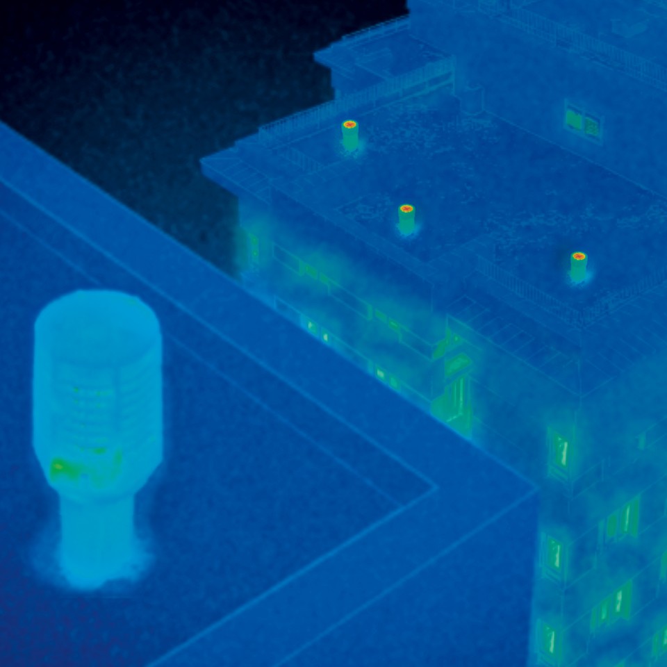 Image thermique des tuyaux de ventilation équippés de la valve de retenue d'énergie Geberit ERV lorsqu'elle s'ouvre