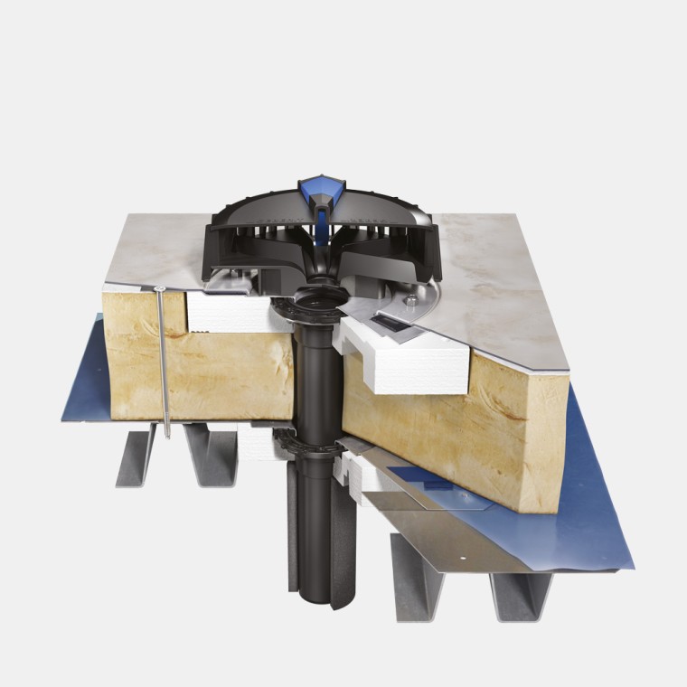 Pose du système Geberit Pluvia sur une toiture en bac acier, isolée avec un recouvrement de toit synthétique et équipée d’un élément pare-vapeur Pose du système Geberit Pluvia sur une toiture en bac acier, isolée avec un recouvrement de toit synthétique et équipée d’un élément pare-vapeur