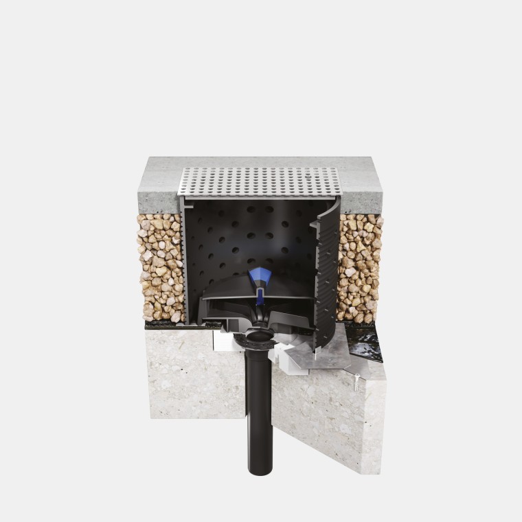 Installation du système Geberit Pluvia sur un toit en béton praticable avec étanchéité de la toiture bitumineuse Installation du système Geberit Pluvia sur un toit en béton praticable avec étanchéité de la toiture bitumineuse