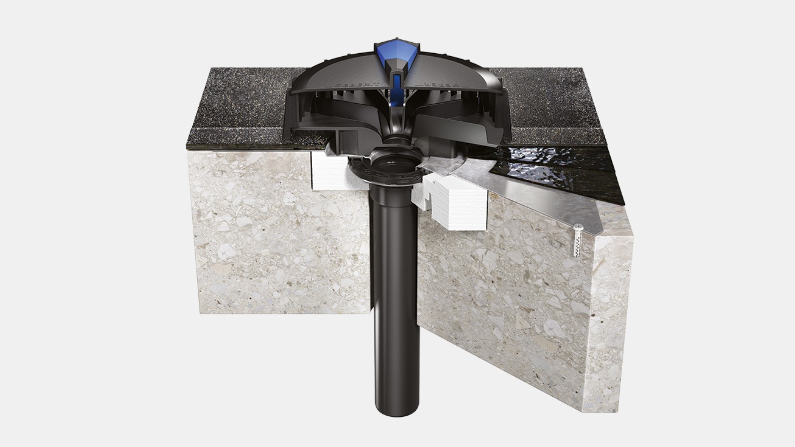 Entonnoir Geberit Pluvia sur toit en béton avec couche d’évacuation bitumineuse Entonnoir Geberit Pluvia sur toit en béton avec couche d’évacuation bitumineuse