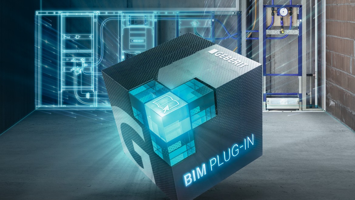 BIM plug-in vierkant met badkamer bouwplaats concept op de achtergrond BIM plug-in vierkant met badkamer bouwplaats concept op de achtergrond