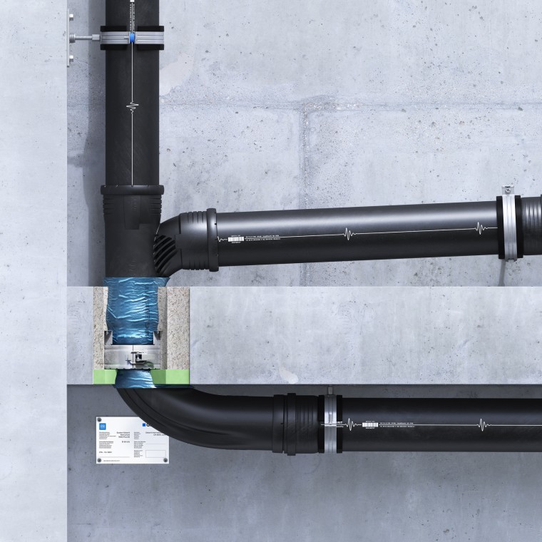 Manchette coupe-feu Geberit RS90 Plus EN encastrée dans le plafond, avec isolation EPS/XPS Manchette coupe-feu Geberit RS90 Plus EN encastrée dans le plafond, avec isolation EPS/XPS