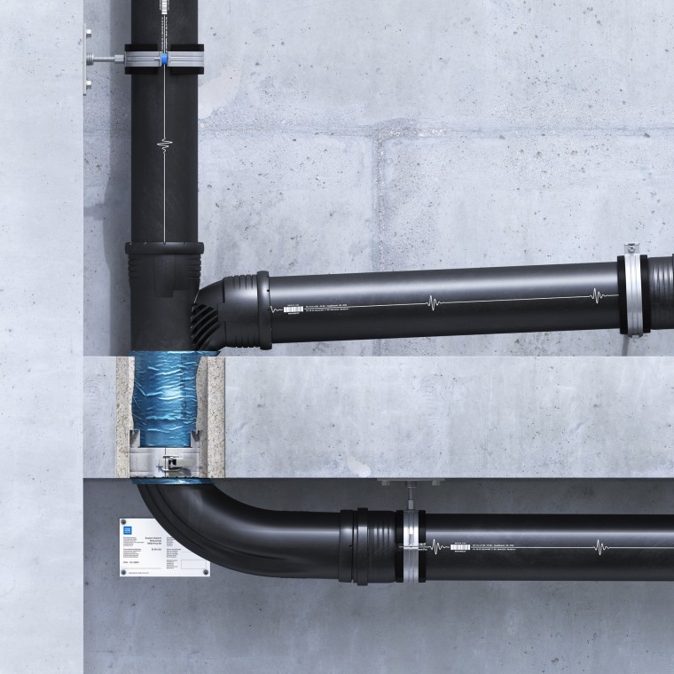 Installation à fleur de plafond de la manchette coupe-feu Geberit RS90 Plus EN Installation à fleur de plafond de la manchette coupe-feu Geberit RS90 Plus EN