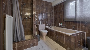 Salle de bains avec coin douche étroit, baignoire et WC au sol