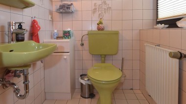 De groene gastenbadkamer uit de jaren 80 vóór de renovatie