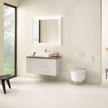 Een badkamer in beige met spiegelkast, wastafelonderkast, bedieningsplaat en sanitaire keramiek van Geberit