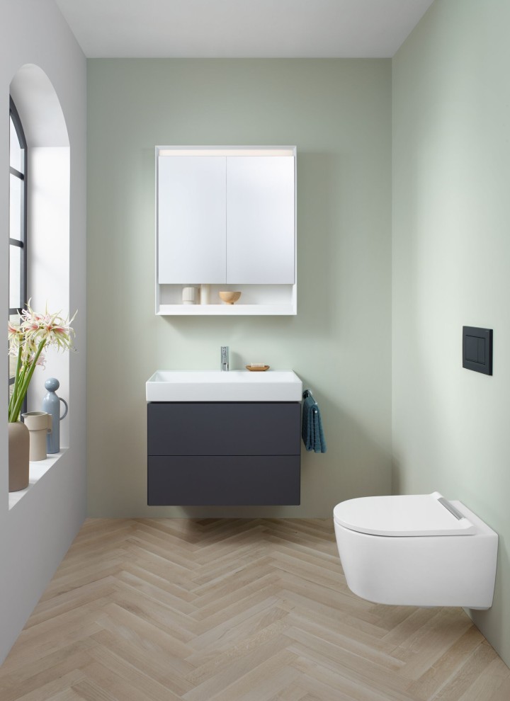 Blik in een gasten-wc met hang-wc, spiegelkast en wastafelonderkast uit de Geberit ONE badkamerserie