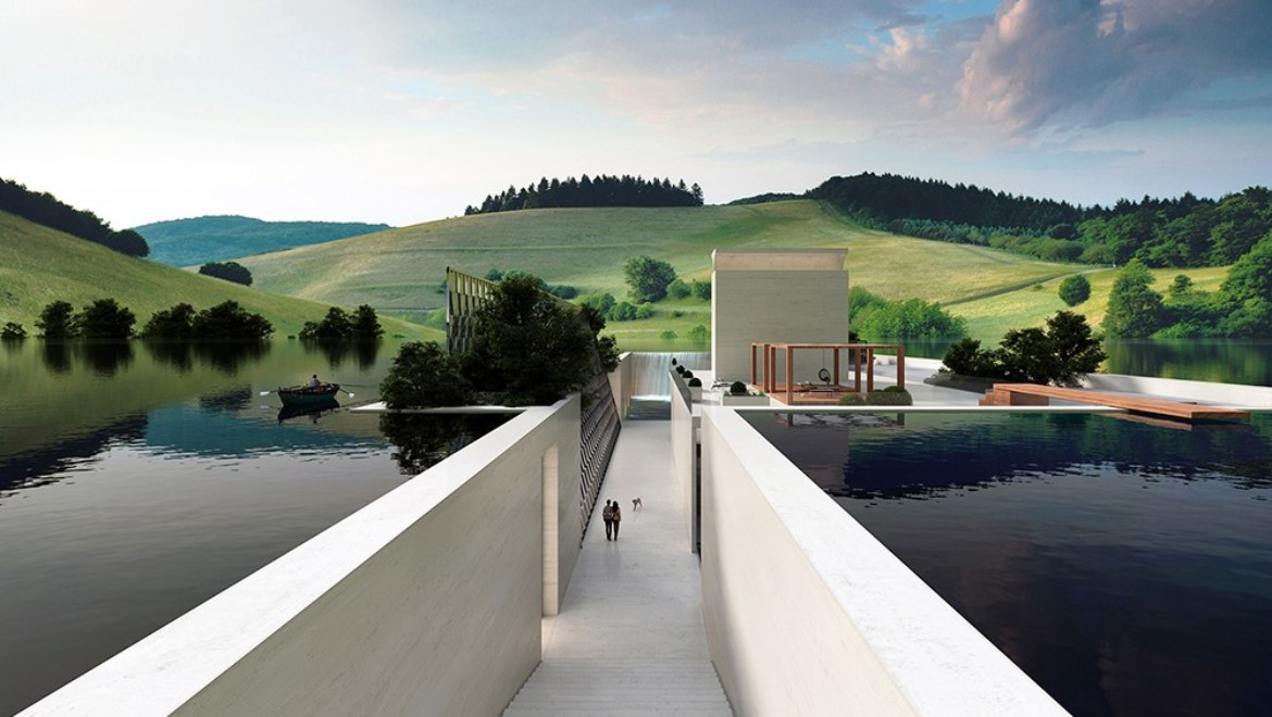 Le projet de la maison « H.O.M.E. Haus 2022 » tel que l'a conçu Hadi Teherani Architects se fond dans un paysage de collines verdoyantes (© Bloomrealities/HTA pour H.O.M.E. Haus 2022)