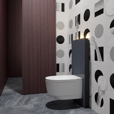 WC visiteurs avec WC-douche Geberit AquaClean Mera et module sanitaire Monolith (© Bloomrealities/HTA pour H.O.M.E. Haus 2022)