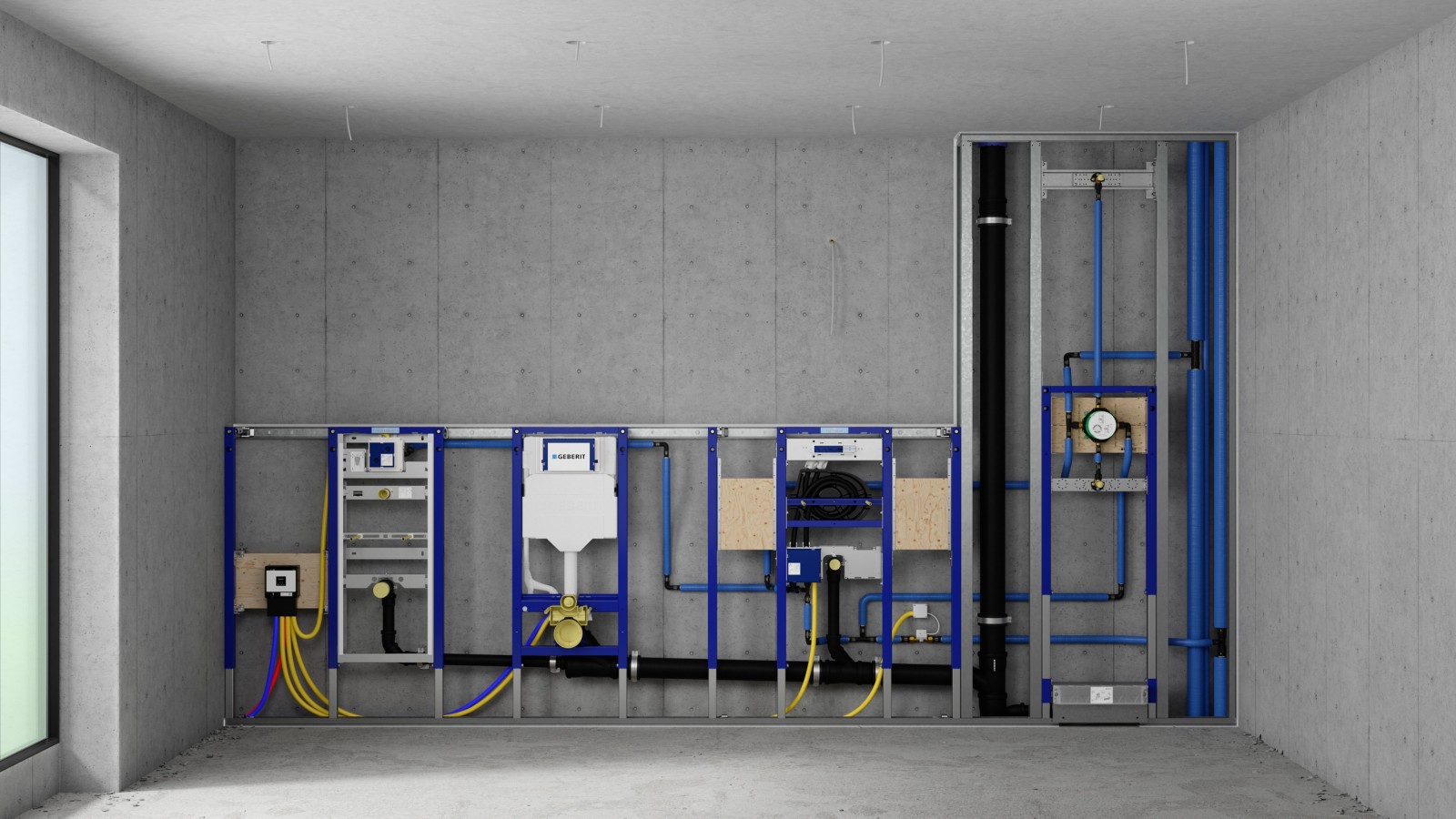 Installatiewand met Geberit Duofix elementen voor urinoirs, wc's wastafels en douches Installatiewand met Geberit Duofix elementen voor urinoirs, wc's wastafels en douches