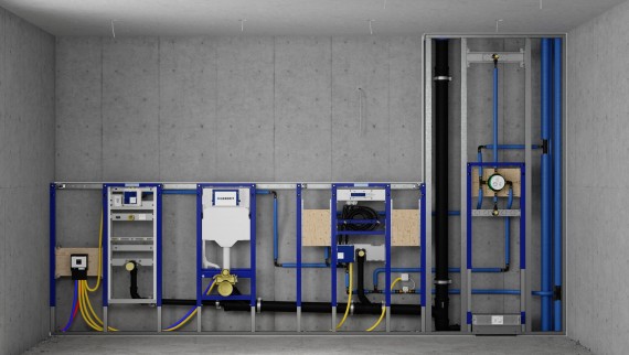 Mur d'installation avec éléments Geberit Duofix pour urinoir, WC, lavabo et douche Mur d'installation avec éléments Geberit Duofix pour urinoir, WC, lavabo et douche