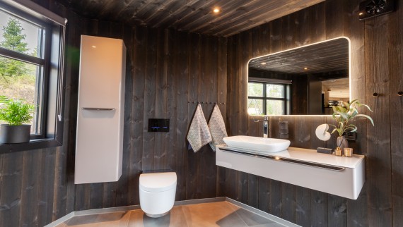 Ook de badkamer is met hout bekleed; naast de AquaClean douche-wc Mera vind je hier ook diverse andere Geberit producten aan de muur (© Geberit)