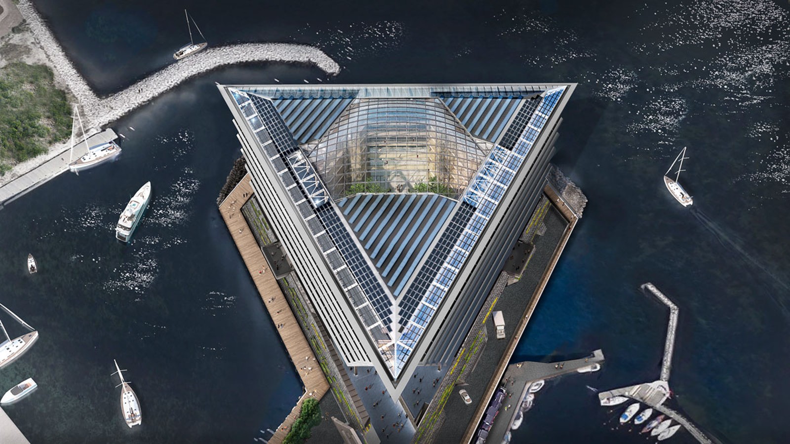 La structure triangulaire du toit et son dôme en verre doivent résister au vent et aux intempéries liés à son exposition (©Foster&Partners) La structure triangulaire du toit et son dôme en verre doivent résister au vent et aux intempéries liés à son exposition (©Foster&Partners)