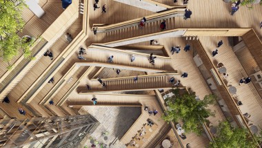 Het hart van het nieuwe hoofdkantoor is het atrium, een binnenplaats met daarrond trappen en liften naar de bovenverdiepingen (©Foster&Partners)