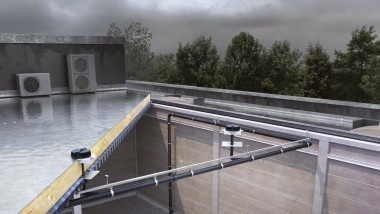 Le système d’évacuation de toitures Pluvia peut drainer les trois tours avec un nombre réduit d'avaloirs (© Geberit)