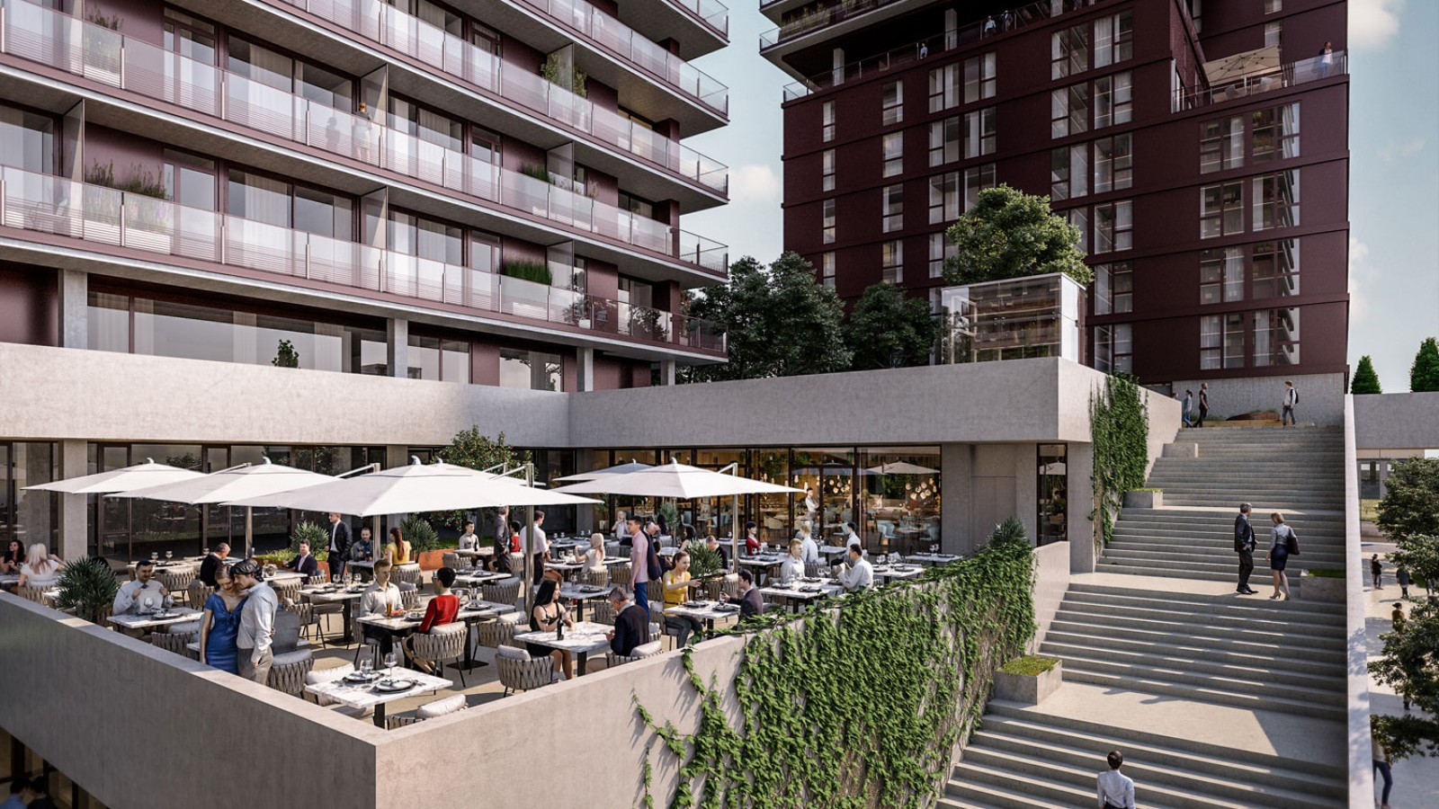 Overhangende dakterrassen en gastronomie maken deel uit van het aanbod (© Soravia) Overhangende dakterrassen en gastronomie maken deel uit van het aanbod (© Soravia)