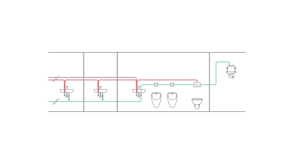 Beispiel der Verrohrung einer Intervall gesteuerten Hygienespülung mit zwei Klassenzimmern, WC und Technikraum (© Geberit)