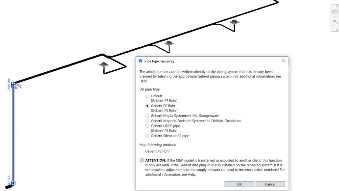 Koppeling van het artikelnummer van de geselecteerde systeembuis in de Geberit BIM Plug-in