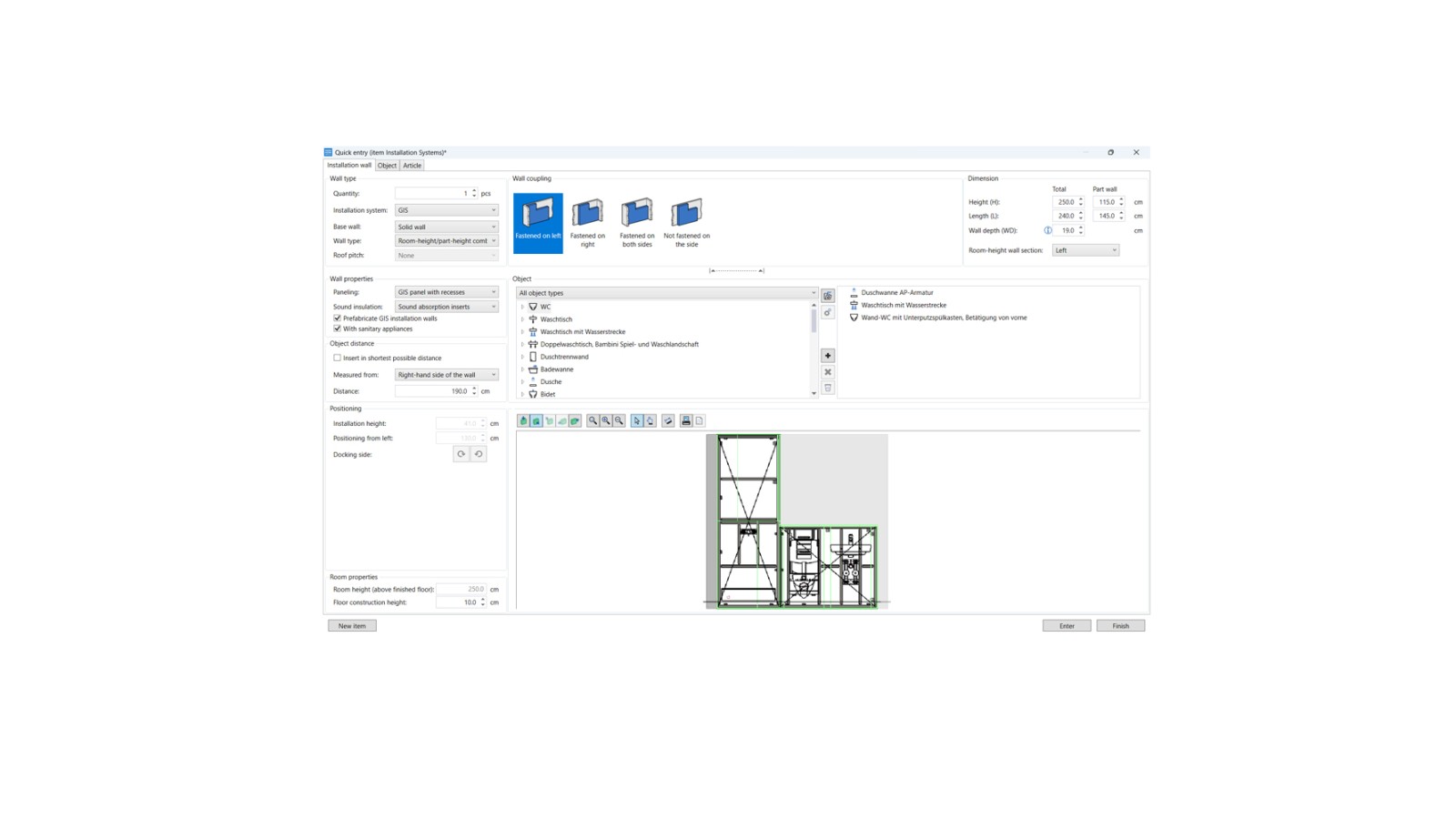 Gebruikersinterface van de planningsmodule voor installatiesystemen in Geberit ProPlanner Gebruikersinterface van de planningsmodule voor installatiesystemen in Geberit ProPlanner