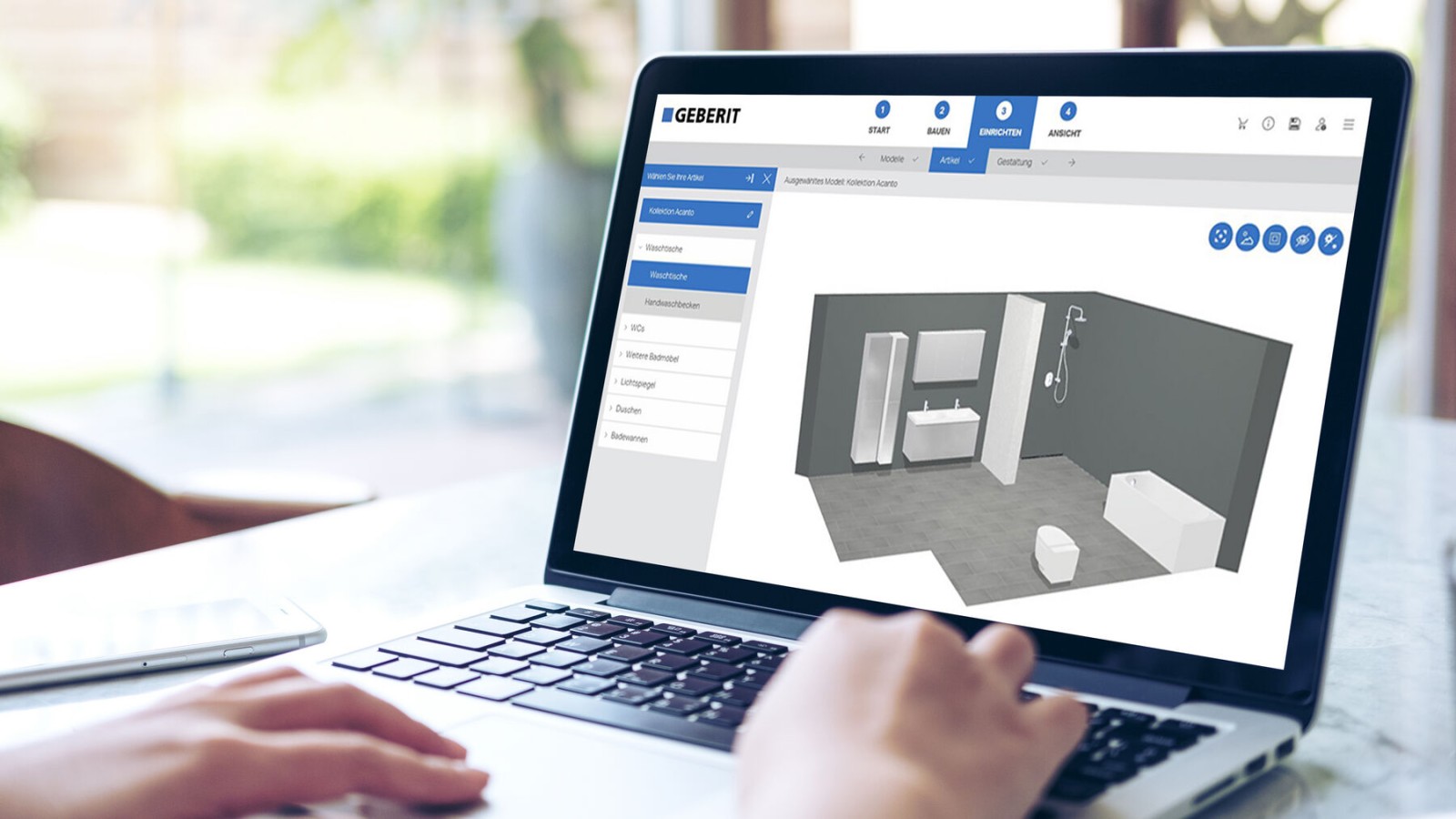 Vrouw ontwerpt haar badkamer met de 3D-badkamerplanner van Geberit Vrouw ontwerpt haar badkamer met de 3D-badkamerplanner van Geberit