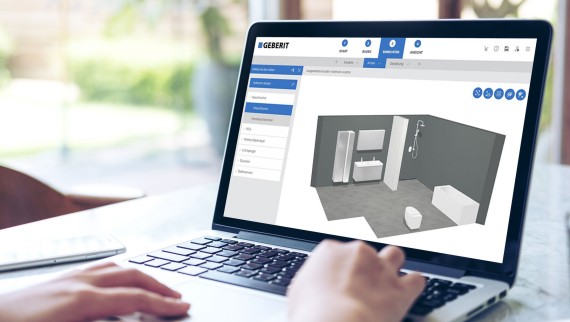 Vrouw ontwerpt haar badkamer met de 3D-badkamerplanner van Geberit