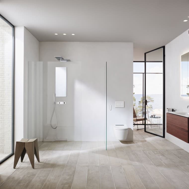 Une salle de bains luxueuse avec une douche de plain-pied Une salle de bains luxueuse avec une douche de plain-pied