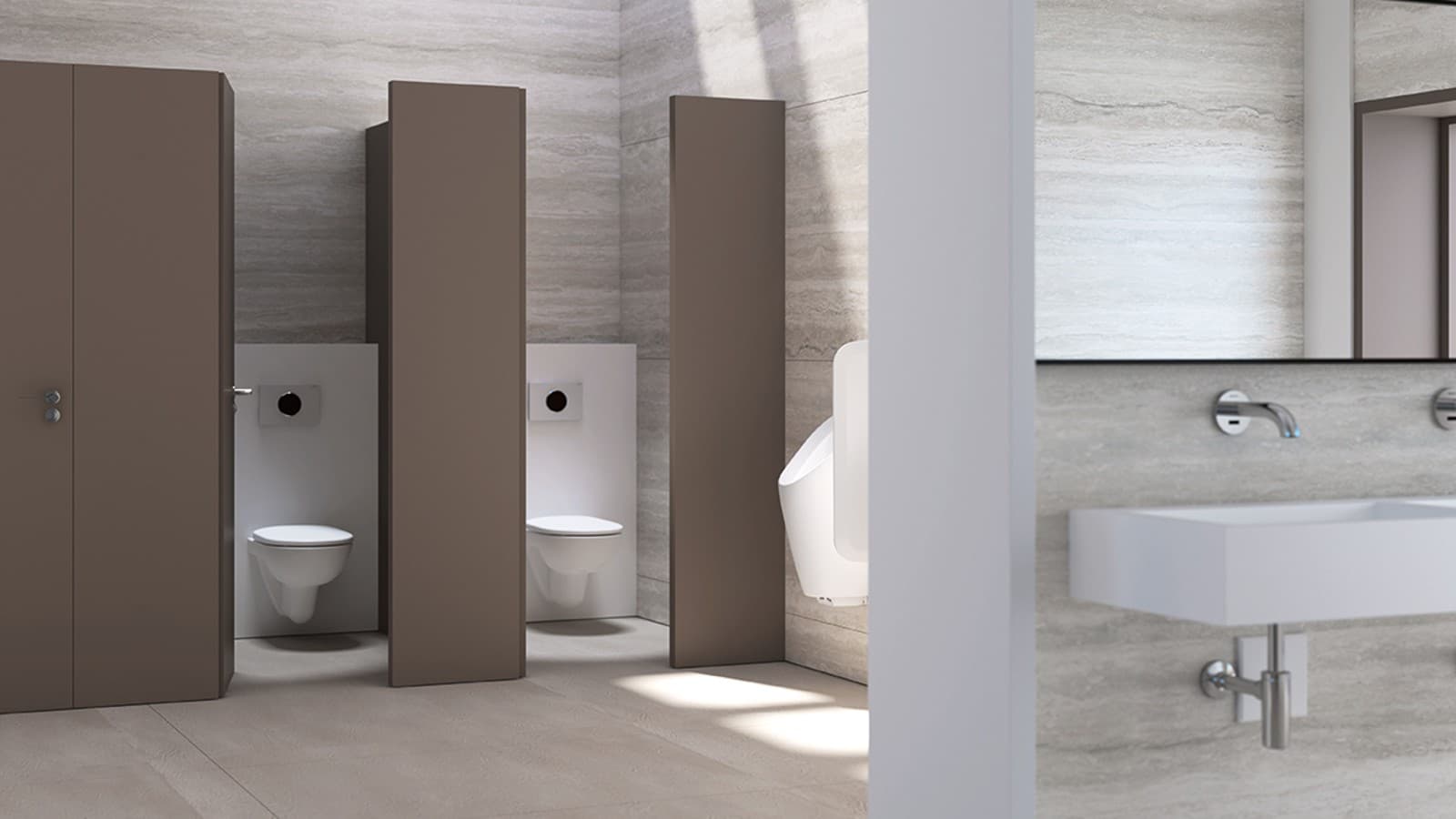 Publieke wc's met bedieningsplaten en urinoirs Publieke wc's met bedieningsplaten en urinoirs