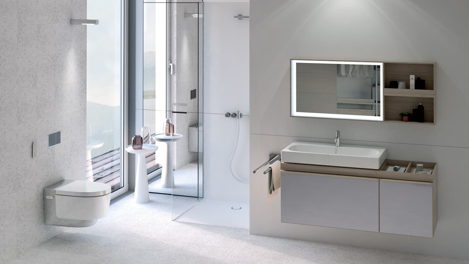 Badkamer met Geberit AquaClean Mera chrome douche-wc Badkamer met Geberit AquaClean Mera chrome douche-wc