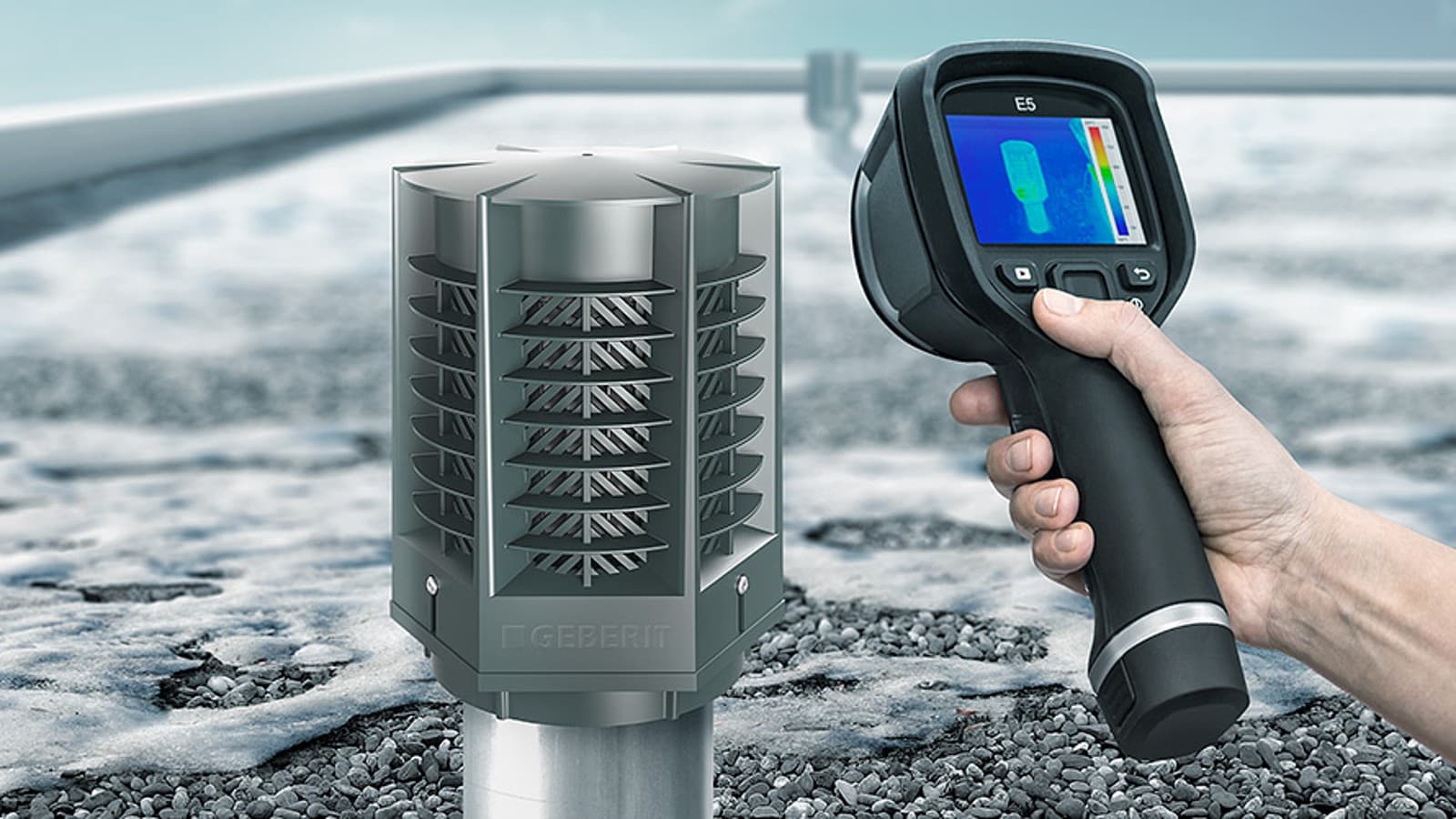 L'image thermique montre que le VRE de la vanne de rétention d'énergie Geberit minimise les pertes d'énergie L'image thermique montre que le VRE de la vanne de rétention d'énergie Geberit minimise les pertes d'énergie