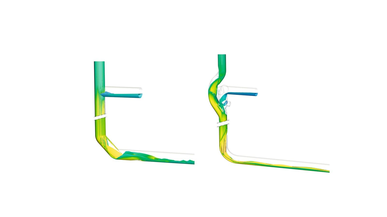 Une déviation constituée de deux coudes 45° Geberit Silent-db20 en d160, à gauche dans l'illustration, génère des tourbillons dans la conduite, ce qui entraîne une augmentation du niveau sonore. En revanche, le coude BottomTurn Geberit Silent-db20, représenté à droite, transforme le flux annulaire de la conduite de chute en flux laminaire, de manière fluide et maîtrisée Une déviation constituée de deux coudes 45° Geberit Silent-db20 en d160, à gauche dans l'illustration, génère des tourbillons dans la conduite, ce qui entraîne une augmentation du niveau sonore. En revanche, le coude BottomTurn Geberit Silent-db20, représenté à droite, transforme le flux annulaire de la conduite de chute en flux laminaire, de manière fluide et maîtrisée