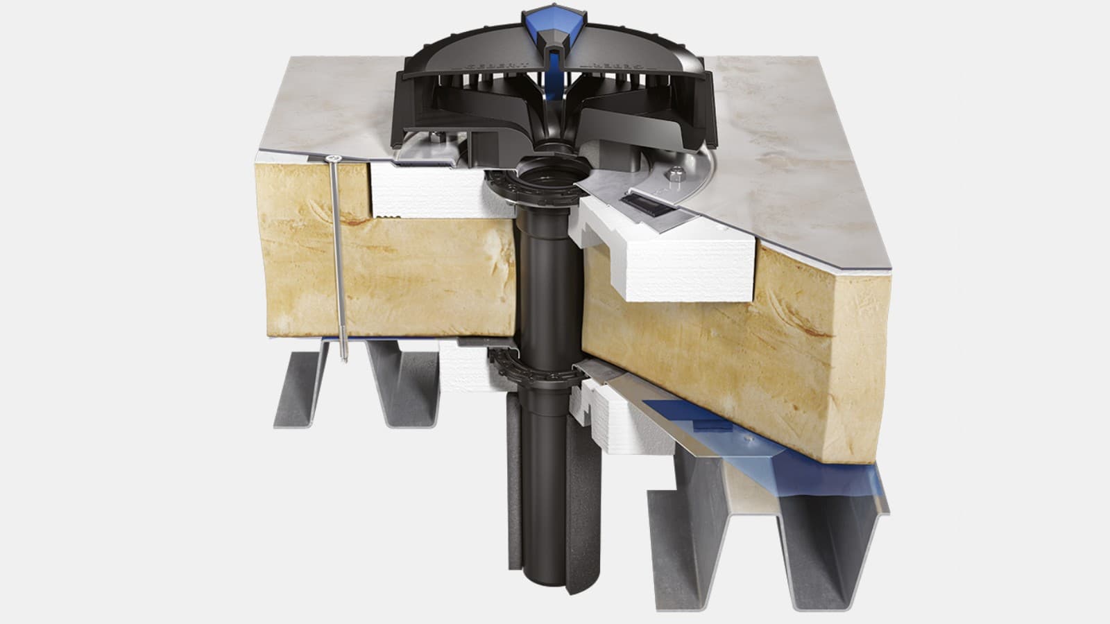 Geberit Pluvia trechter op warmtedak met aansluitelement dampscherm en synthetische dakafdichting als watervoerend niveau Geberit Pluvia trechter op warmtedak met aansluitelement dampscherm en synthetische dakafdichting als watervoerend niveau