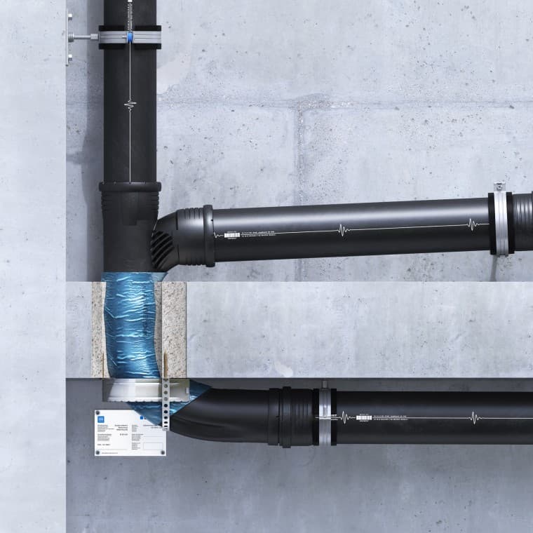 Geberit Silent-Pro SuperTube: Opbouwinstallatie van het brandschot in U-vorm Geberit Silent-Pro SuperTube: Opbouwinstallatie van het brandschot in U-vorm