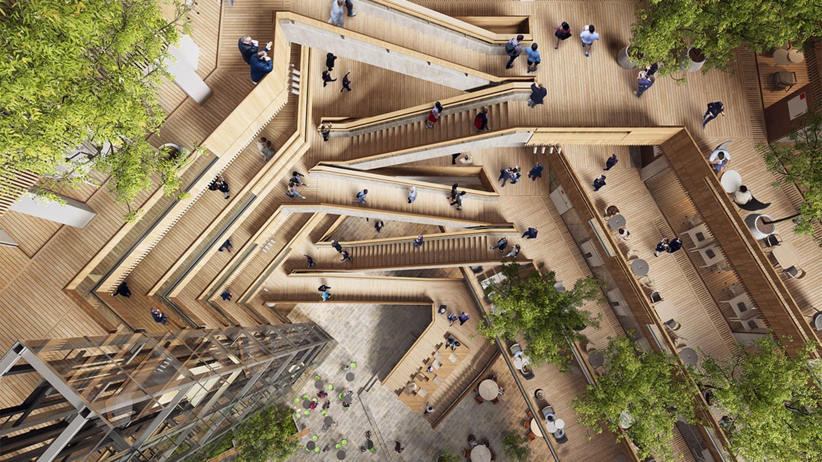 Au cœur du nouveau siège se trouve un atrium, une cour intérieure dont les escaliers et les ascenseurs mènent aux étages supérieurs (©Foster&Partners) Au cœur du nouveau siège se trouve un atrium, une cour intérieure dont les escaliers et les ascenseurs mènent aux étages supérieurs (©Foster&Partners)