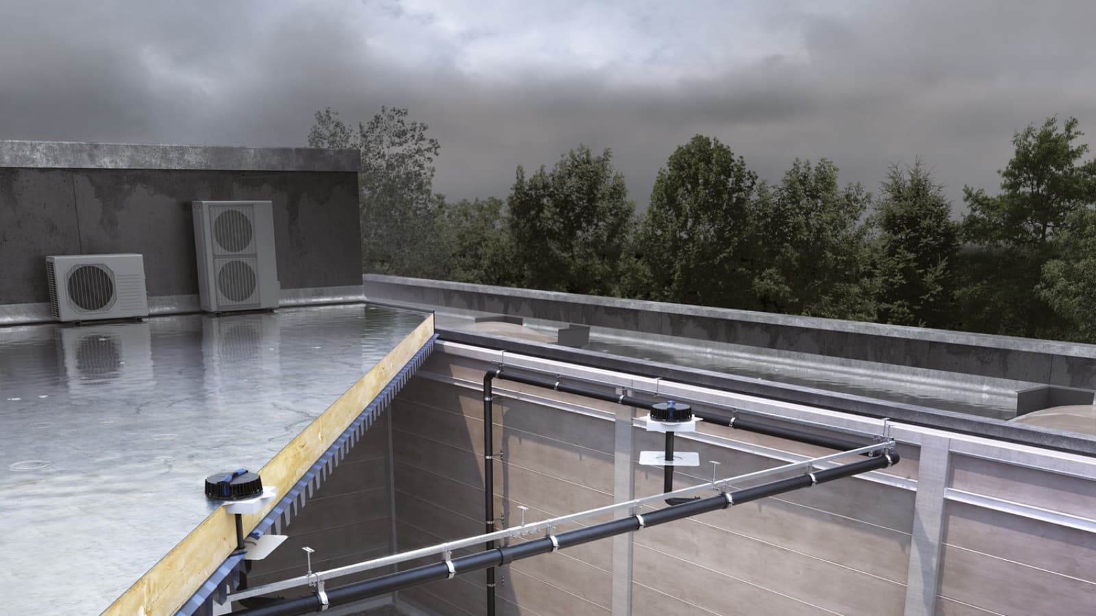 Het Pluvia dakafvoersysteem kan alle drie de torens afwateren met relatief weinig inlaatelementen (© Geberit) Het Pluvia dakafvoersysteem kan alle drie de torens afwateren met relatief weinig inlaatelementen (© Geberit)