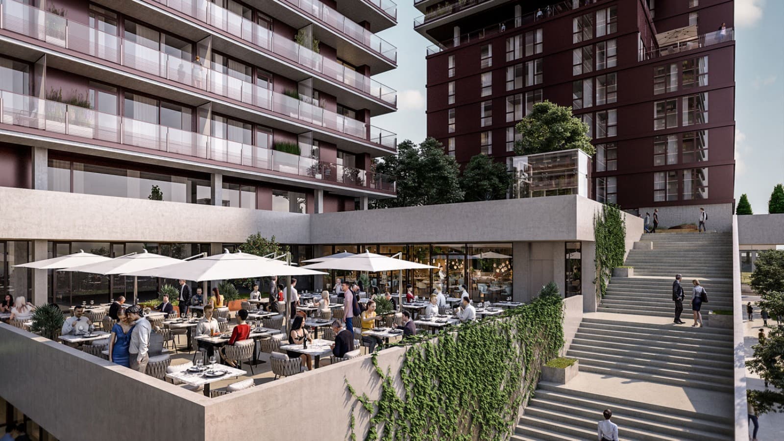 Overhangende dakterrassen en gastronomie maken deel uit van het aanbod (© Soravia) Overhangende dakterrassen en gastronomie maken deel uit van het aanbod (© Soravia)