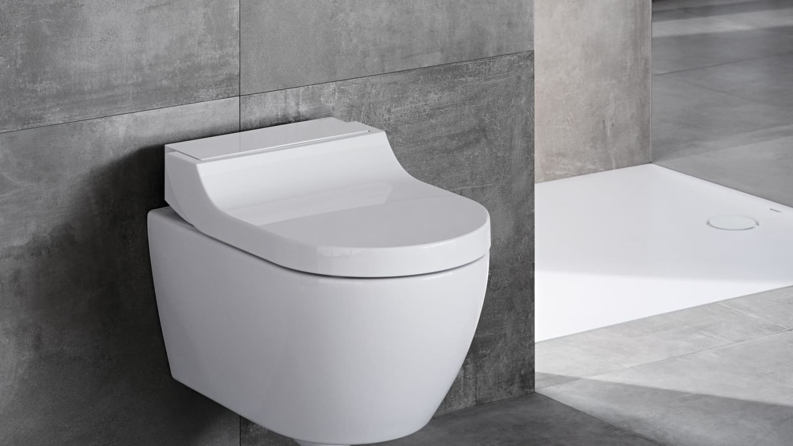 WC-douche Geberit AquaClean Tuma Classic dans une salle de bains grise WC-douche Geberit AquaClean Tuma Classic dans une salle de bains grise
